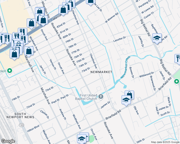 map of restaurants, bars, coffee shops, grocery stores, and more near 1110 72nd Street in Newport News