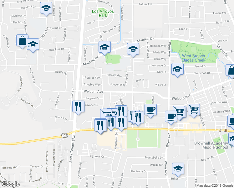 map of restaurants, bars, coffee shops, grocery stores, and more near 1025 Fillippelli Drive in Gilroy