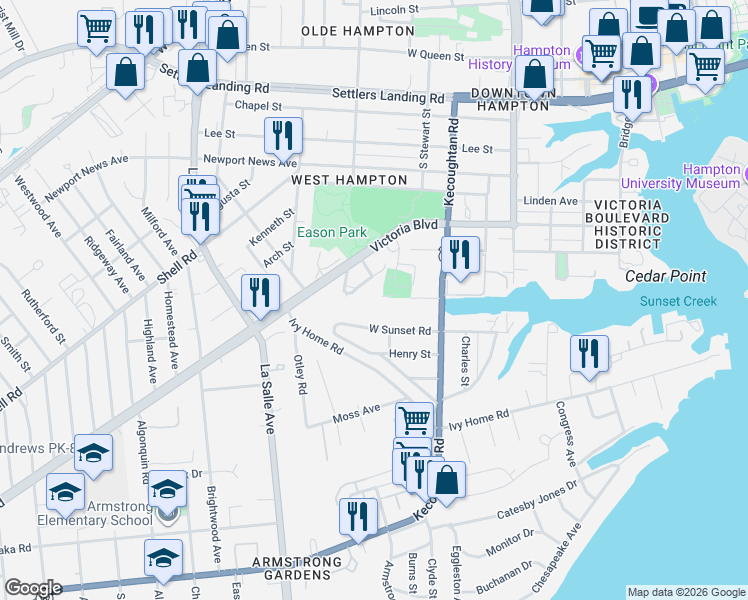 map of restaurants, bars, coffee shops, grocery stores, and more near 545 Providence Street in Hampton