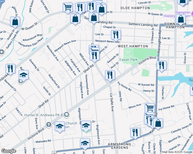map of restaurants, bars, coffee shops, grocery stores, and more near 3626 Moore Street in Hampton