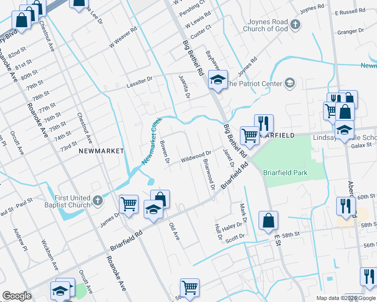 map of restaurants, bars, coffee shops, grocery stores, and more near 1509 Wildwood Drive in Hampton