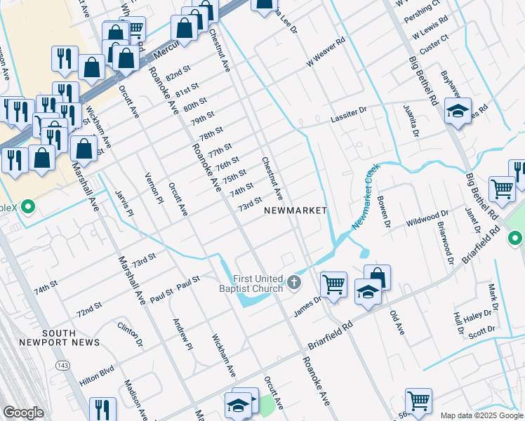 map of restaurants, bars, coffee shops, grocery stores, and more near 1110 72nd Street in Newport News