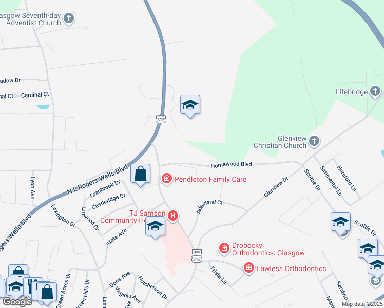 map of restaurants, bars, coffee shops, grocery stores, and more near Homewood Boulevard in Glasgow