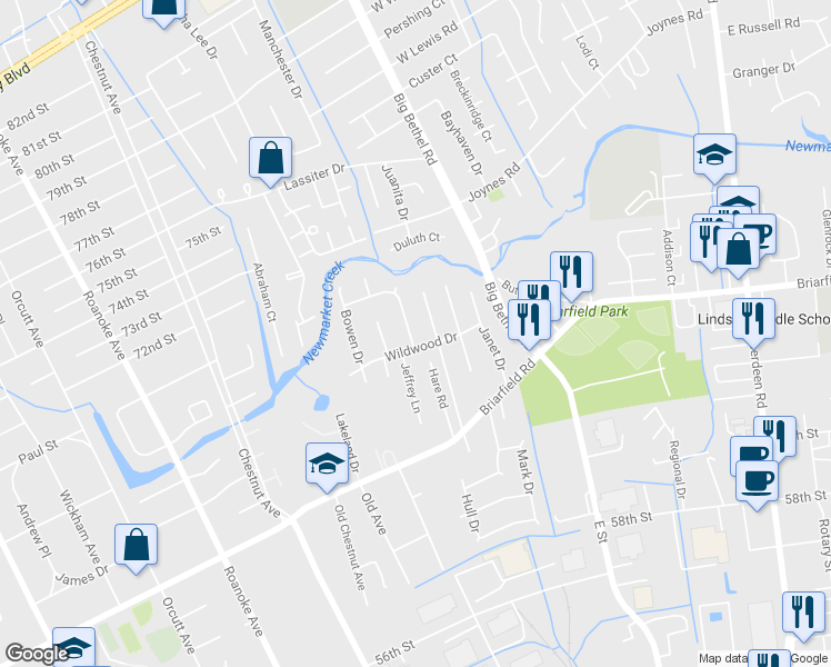 map of restaurants, bars, coffee shops, grocery stores, and more near 102 Arrollton Drive in Hampton