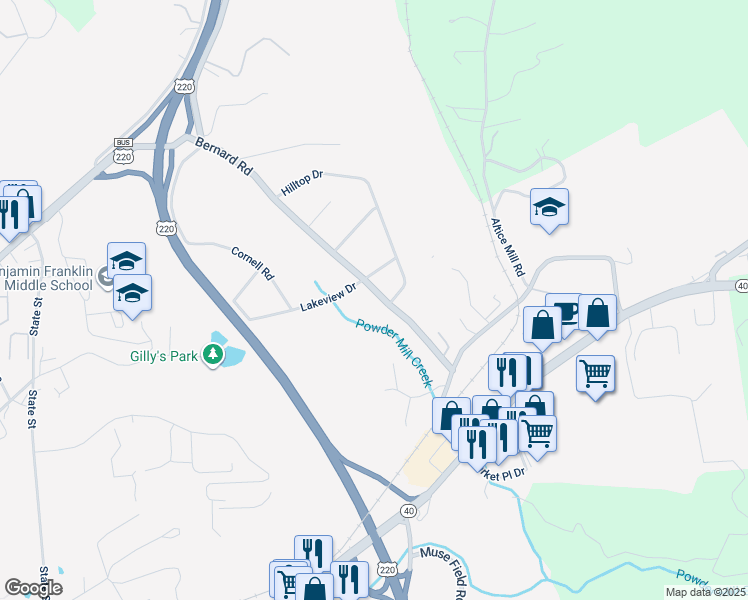 map of restaurants, bars, coffee shops, grocery stores, and more near 245 Bernard Road in Rocky Mount