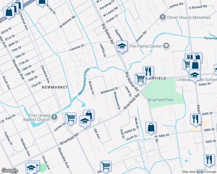 map of restaurants, bars, coffee shops, grocery stores, and more near 102 Arrollton Drive in Hampton