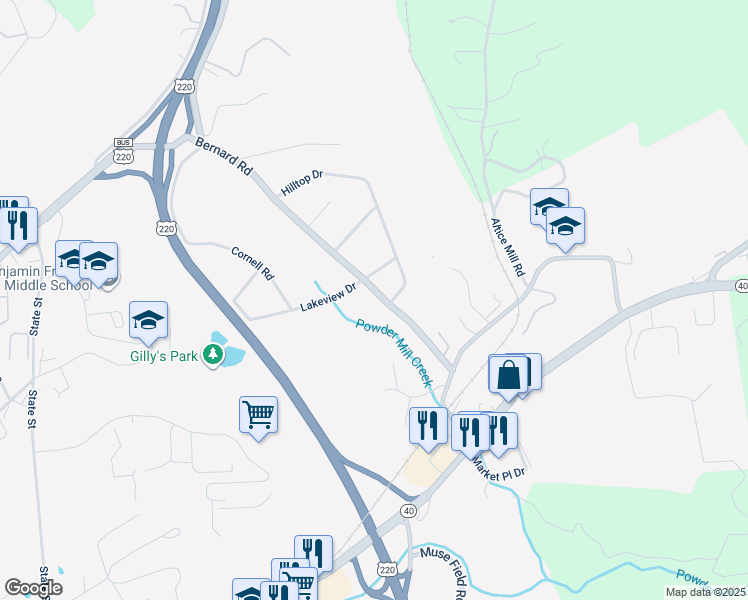 map of restaurants, bars, coffee shops, grocery stores, and more near 245 Bernard Road in Rocky Mount