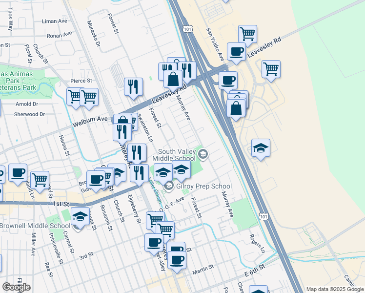 map of restaurants, bars, coffee shops, grocery stores, and more near 8100 Springdale Court in Gilroy