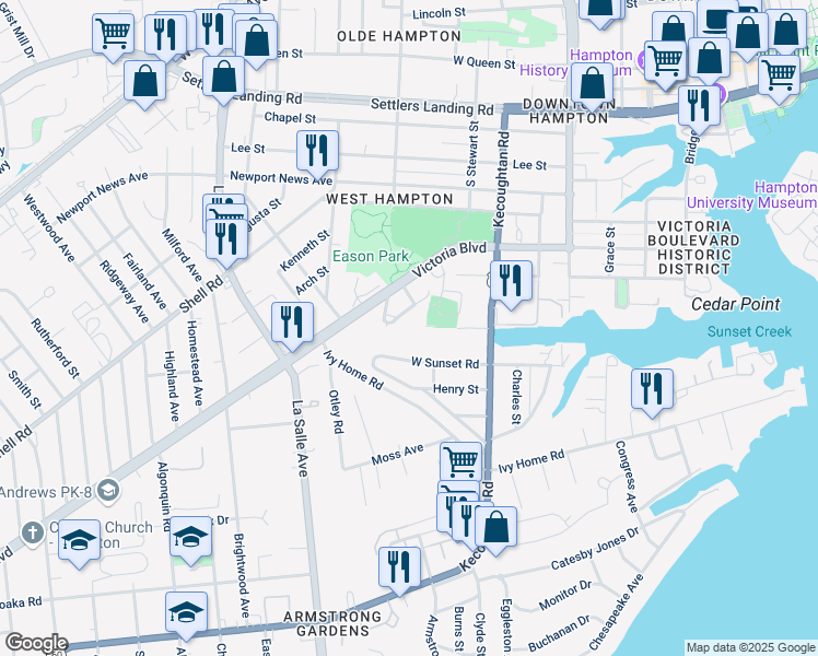 map of restaurants, bars, coffee shops, grocery stores, and more near 545 Providence Street in Hampton