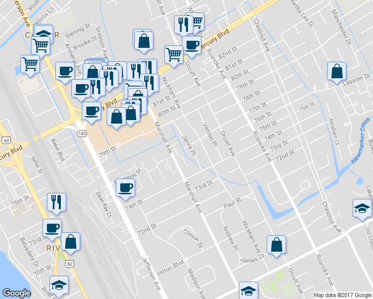 map of restaurants, bars, coffee shops, grocery stores, and more near 7419 Jarvis Place in Newport News
