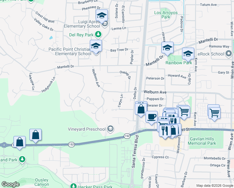 map of restaurants, bars, coffee shops, grocery stores, and more near 1430 Welburn Avenue in Gilroy