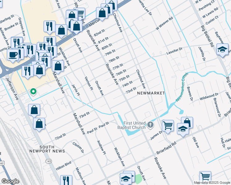 map of restaurants, bars, coffee shops, grocery stores, and more near 1007 73rd Street in Newport News