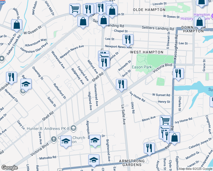 map of restaurants, bars, coffee shops, grocery stores, and more near 3626 Moore Street in Hampton
