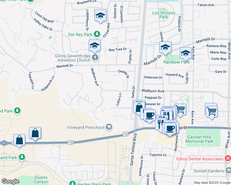 map of restaurants, bars, coffee shops, grocery stores, and more near 1430 Welburn Avenue in Gilroy