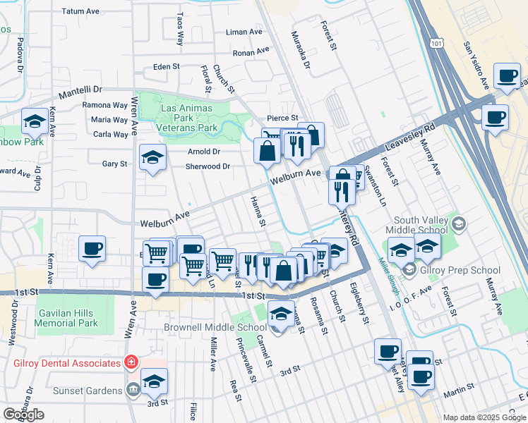 map of restaurants, bars, coffee shops, grocery stores, and more near 331 El Cerrito Way in Gilroy