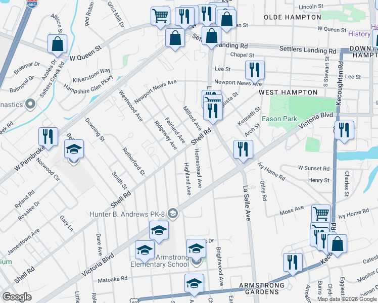 map of restaurants, bars, coffee shops, grocery stores, and more near 513 Homestead Avenue in Hampton