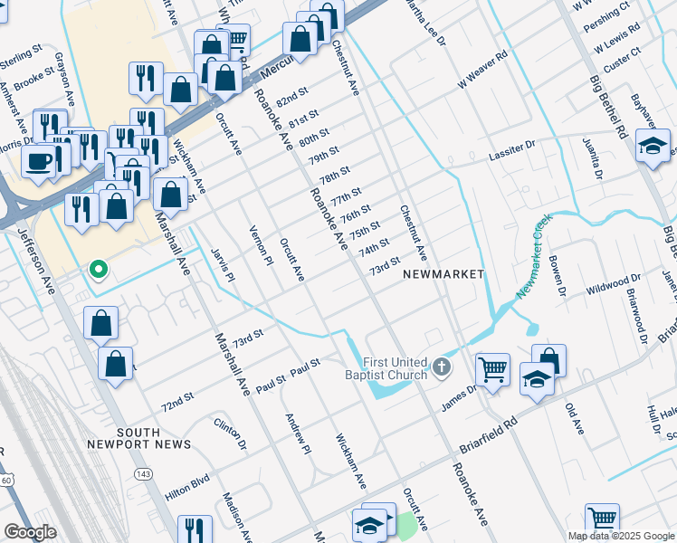 map of restaurants, bars, coffee shops, grocery stores, and more near 1007 73rd Street in Newport News