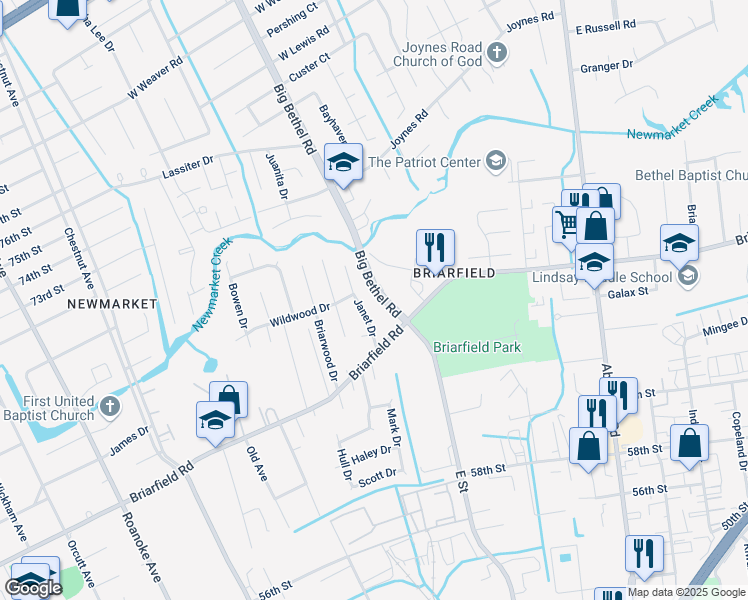 map of restaurants, bars, coffee shops, grocery stores, and more near 16 Janet Drive in Hampton