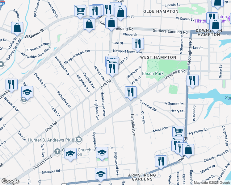 map of restaurants, bars, coffee shops, grocery stores, and more near 3630 Moore Street in Hampton