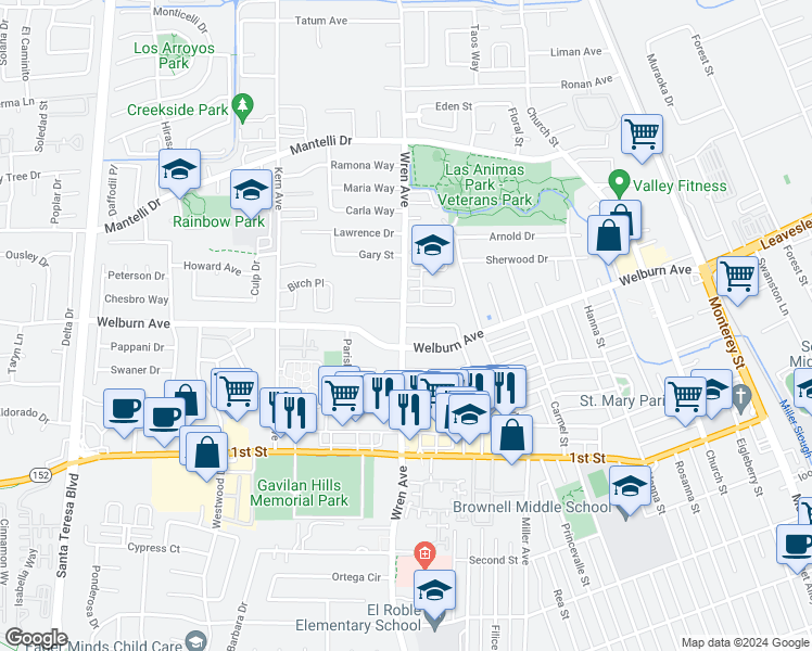 map of restaurants, bars, coffee shops, grocery stores, and more near 798 La Alondra Way in Gilroy