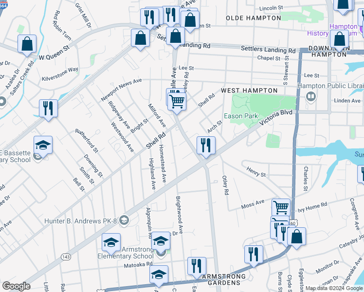 map of restaurants, bars, coffee shops, grocery stores, and more near 3630 Moore Street in Hampton