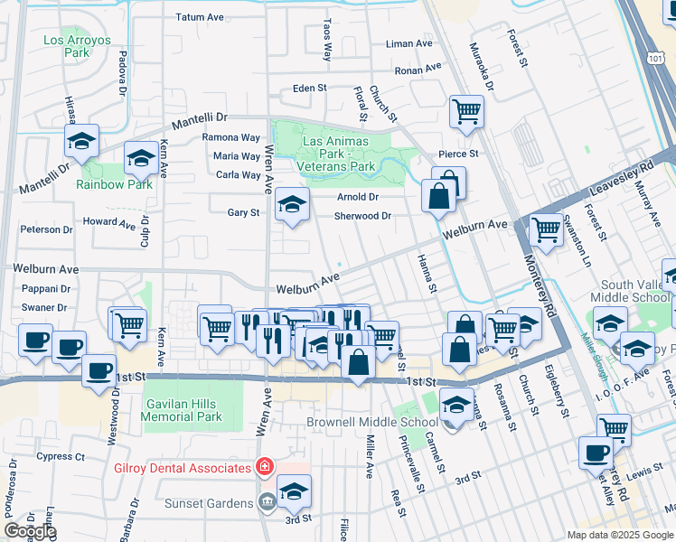 map of restaurants, bars, coffee shops, grocery stores, and more near 740 Welburn Avenue in Gilroy