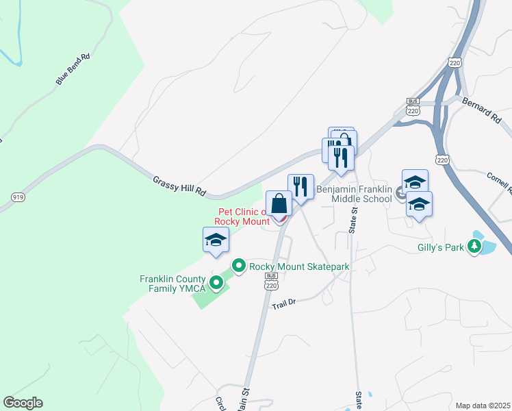 map of restaurants, bars, coffee shops, grocery stores, and more near Compton Lane in Rocky Mount
