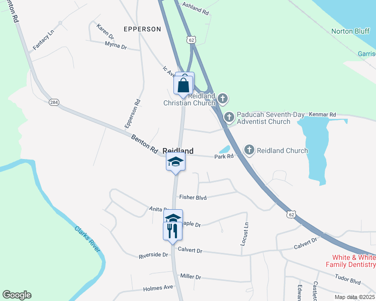 map of restaurants, bars, coffee shops, grocery stores, and more near 120 Park Road in Paducah