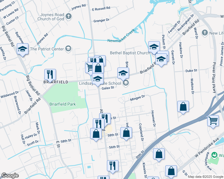 map of restaurants, bars, coffee shops, grocery stores, and more near 106 Galax Street in Hampton
