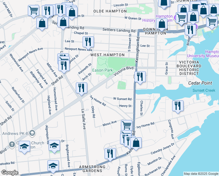 map of restaurants, bars, coffee shops, grocery stores, and more near 560 Providence Street in Hampton