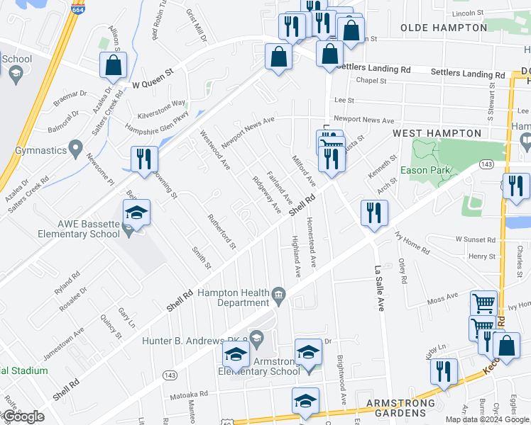 map of restaurants, bars, coffee shops, grocery stores, and more near 624 Westwood Avenue in Hampton