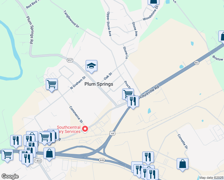 map of restaurants, bars, coffee shops, grocery stores, and more near 226 Palmer Drive in Plum Springs