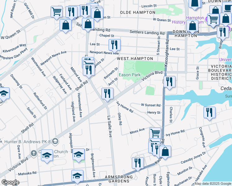 map of restaurants, bars, coffee shops, grocery stores, and more near 3725 Victoria Boulevard in Hampton