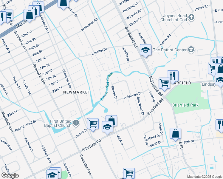 map of restaurants, bars, coffee shops, grocery stores, and more near 115 Bowen Drive in Hampton