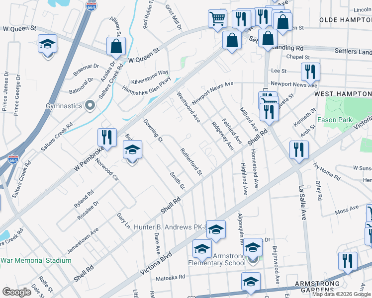 map of restaurants, bars, coffee shops, grocery stores, and more near 716 Downing Street in Hampton
