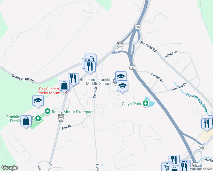 map of restaurants, bars, coffee shops, grocery stores, and more near Middle School Road in Rocky Mount