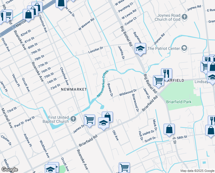 map of restaurants, bars, coffee shops, grocery stores, and more near 115 Bowen Drive in Hampton