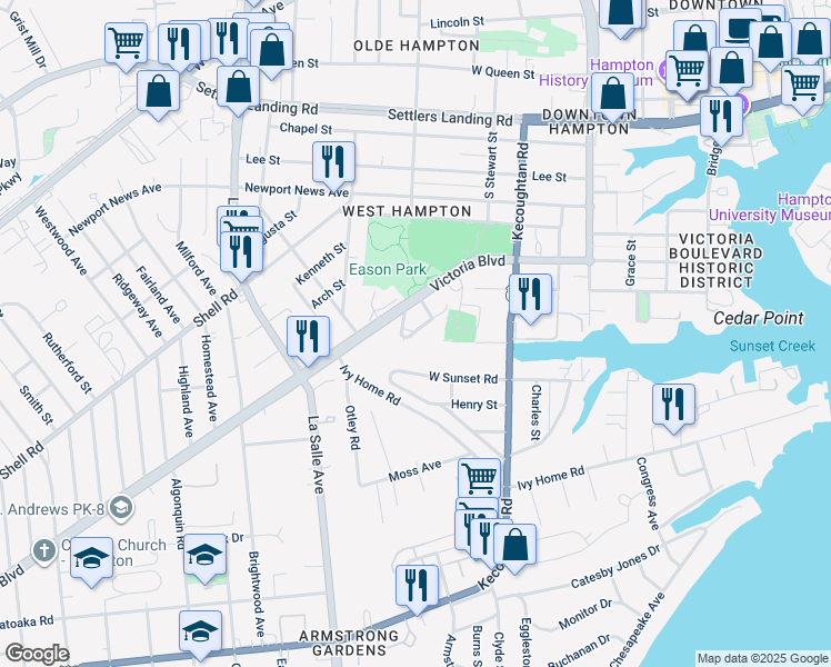 map of restaurants, bars, coffee shops, grocery stores, and more near 560 Providence Street in Hampton