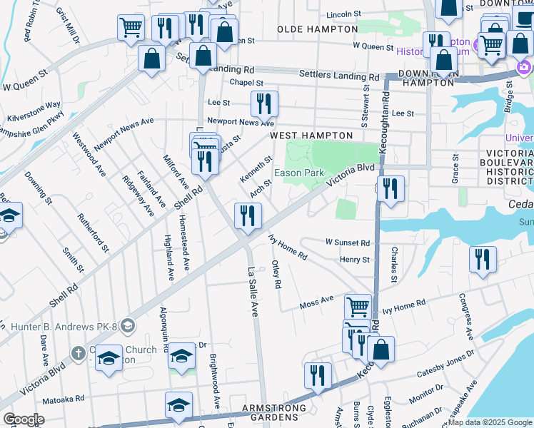 map of restaurants, bars, coffee shops, grocery stores, and more near 3725 Victoria Boulevard in Hampton