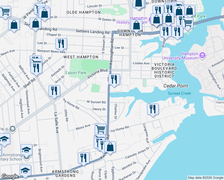 map of restaurants, bars, coffee shops, grocery stores, and more near 4330 Kecoughtan Road in Hampton