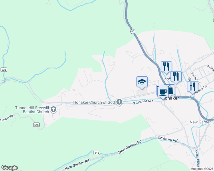 map of restaurants, bars, coffee shops, grocery stores, and more near 101-299 Country Oaks Drive in Honaker
