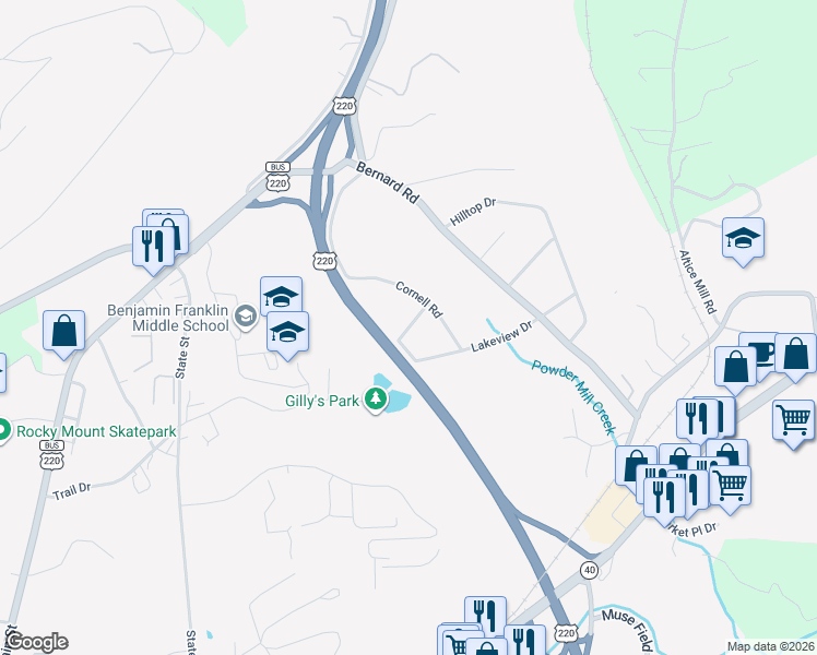 map of restaurants, bars, coffee shops, grocery stores, and more near State Route 1015 in Rocky Mount