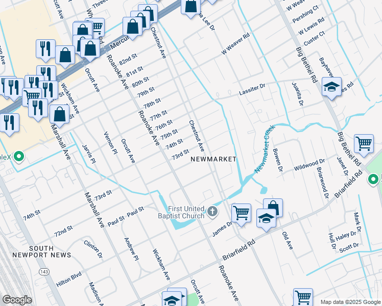 map of restaurants, bars, coffee shops, grocery stores, and more near 1116 73rd Street in Newport News