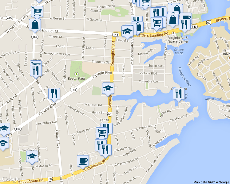 map of restaurants, bars, coffee shops, grocery stores, and more near 4330 Kecoughtan Road in Hampton