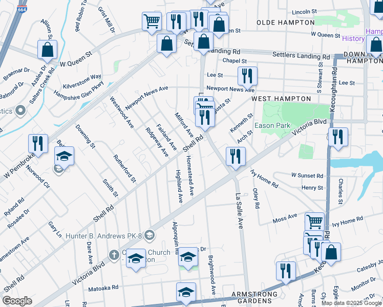 map of restaurants, bars, coffee shops, grocery stores, and more near 520 Homestead Avenue in Hampton