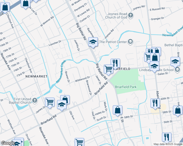 map of restaurants, bars, coffee shops, grocery stores, and more near 107 Janet Drive in Hampton