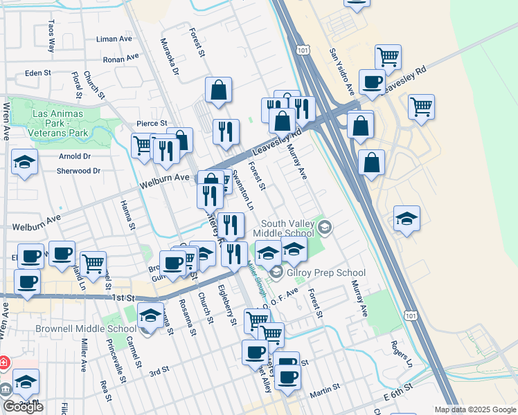 map of restaurants, bars, coffee shops, grocery stores, and more near 8200 Swanston Lane in Gilroy