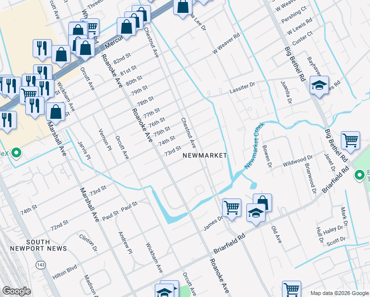 map of restaurants, bars, coffee shops, grocery stores, and more near 1120 74th Street in Newport News