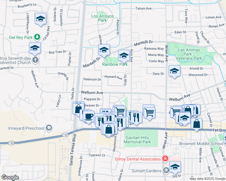 map of restaurants, bars, coffee shops, grocery stores, and more near 8548 Silvia Street in Gilroy