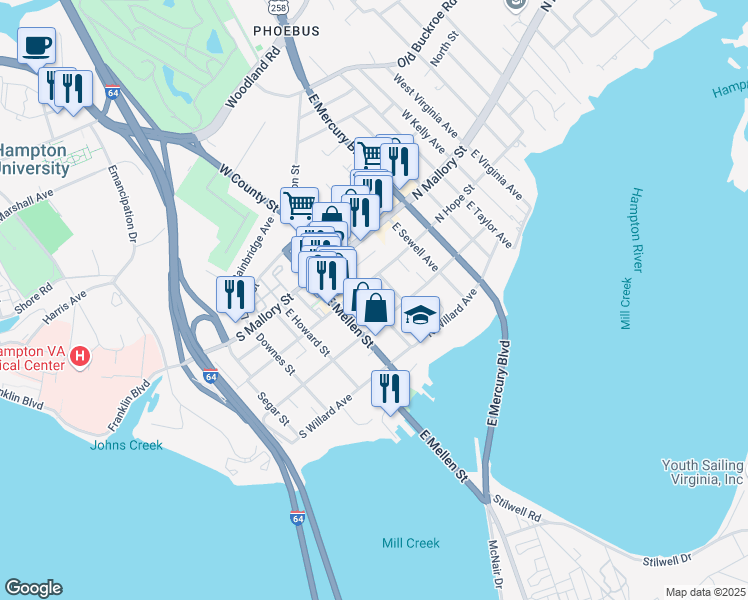 map of restaurants, bars, coffee shops, grocery stores, and more near 115 East County Street in Hampton